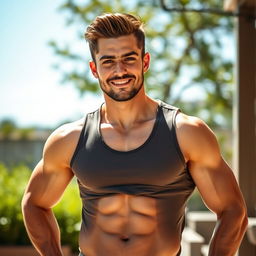 A handsome man with a well-defined six pack abs, standing confidently in a casual outdoor setting