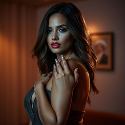 An alluring woman in a seductive pose, showcasing her short silver flat nails that match the hex code #C0C0C0