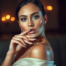 An alluring woman in a seductive pose, showcasing her short silver flat nails that match the hex code #C0C0C0