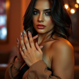 An alluring woman in a seductive pose, showcasing her short silver flat nails that match the hex code #C0C0C0