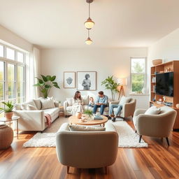 A beautifully designed living room for a young couple with a baby, featuring open and spacious elements