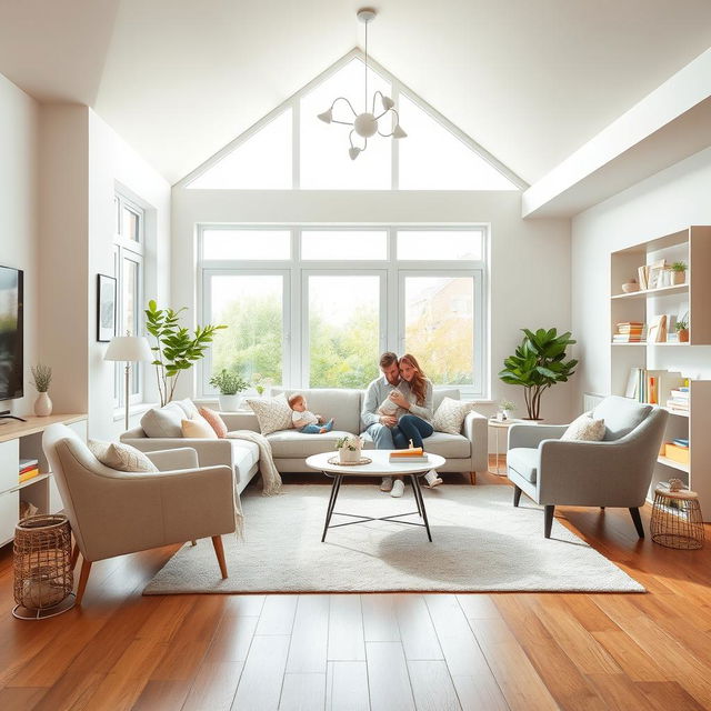 A beautifully designed living room for a young couple with a baby, featuring open and spacious elements