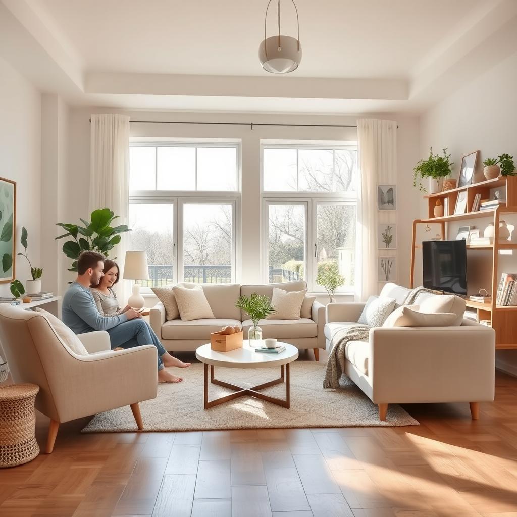 A beautifully designed living room for a young couple with a baby, featuring open and spacious elements