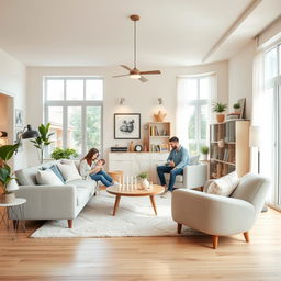 A beautifully designed living room for a young couple with a baby, featuring open and spacious elements