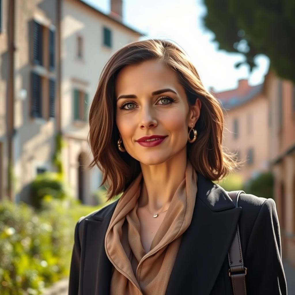 A 40-year-old woman with dark hair and striking Italian features, fully dressed in fashionable attire that showcases her elegance and style