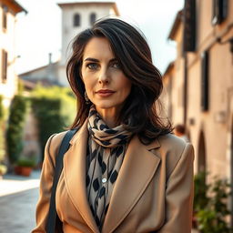 A 40-year-old woman with dark hair and striking Italian features, fully dressed in fashionable attire that showcases her elegance and style