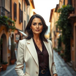 A 40-year-old woman with dark hair and striking Italian features, fully dressed in fashionable attire that showcases her elegance and style