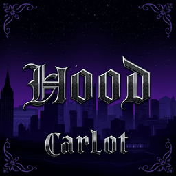 Create a music cover for the song "Hood" by the artist "Carlot" featuring a background that combines urban and gothic elements
