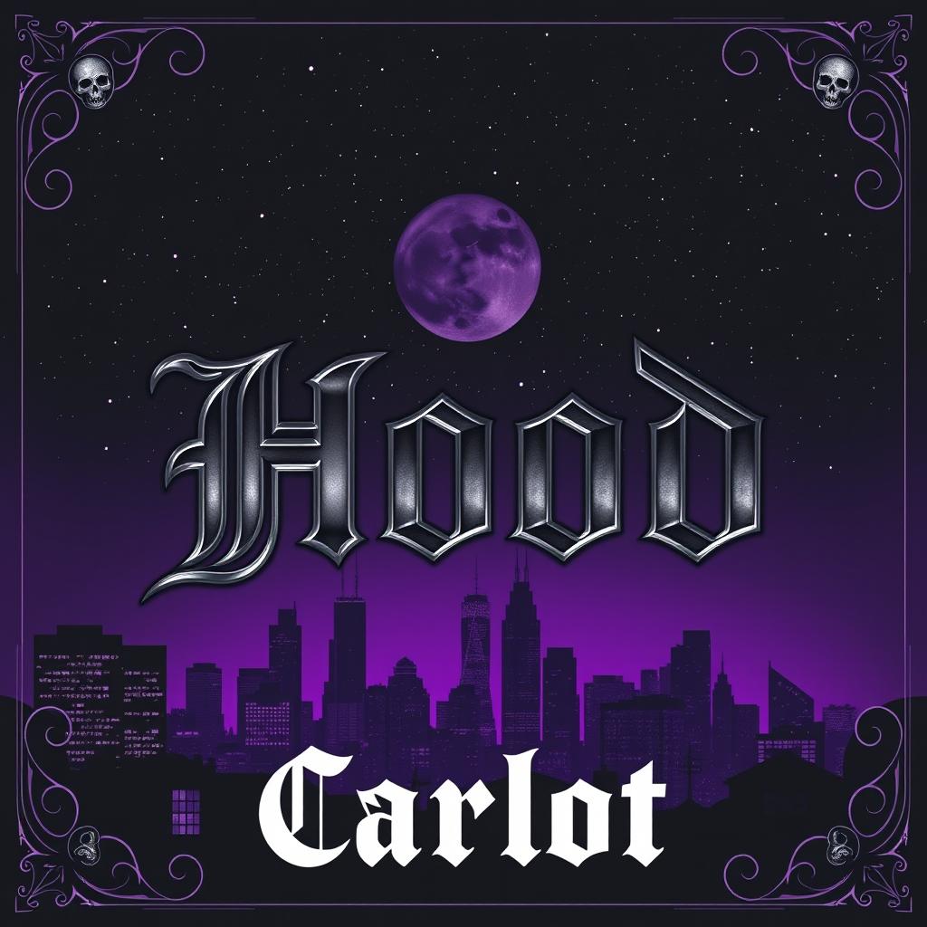 Create a music cover for the song "Hood" by the artist "Carlot" featuring a background that combines urban and gothic elements