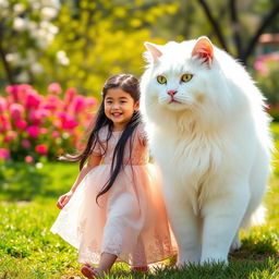 A 5-year-old girl with long black hair wearing a beautiful dress, joyfully walking beside a very large white cat