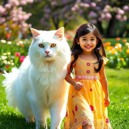 A 5-year-old girl with long black hair wearing a beautiful dress, joyfully walking beside a very large white cat
