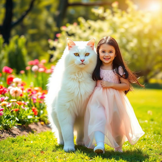 A 5-year-old girl with long black hair wearing a beautiful dress, joyfully walking beside a very large white cat