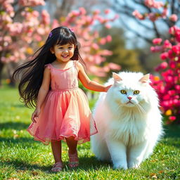 A 5-year-old girl with long black hair wearing a beautiful dress, joyfully walking beside a very large white cat
