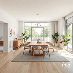 A mood board concept for a modern dining room designed for a young couple with a baby, featuring an open and spacious layout, situated in Boadilla del Monte