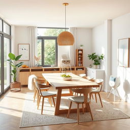 A mood board concept for a modern dining room designed for a young couple with a baby, featuring an open and spacious layout, situated in Boadilla del Monte
