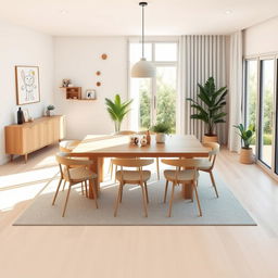 A mood board concept for a modern dining room designed for a young couple with a baby, featuring an open and spacious layout, situated in Boadilla del Monte