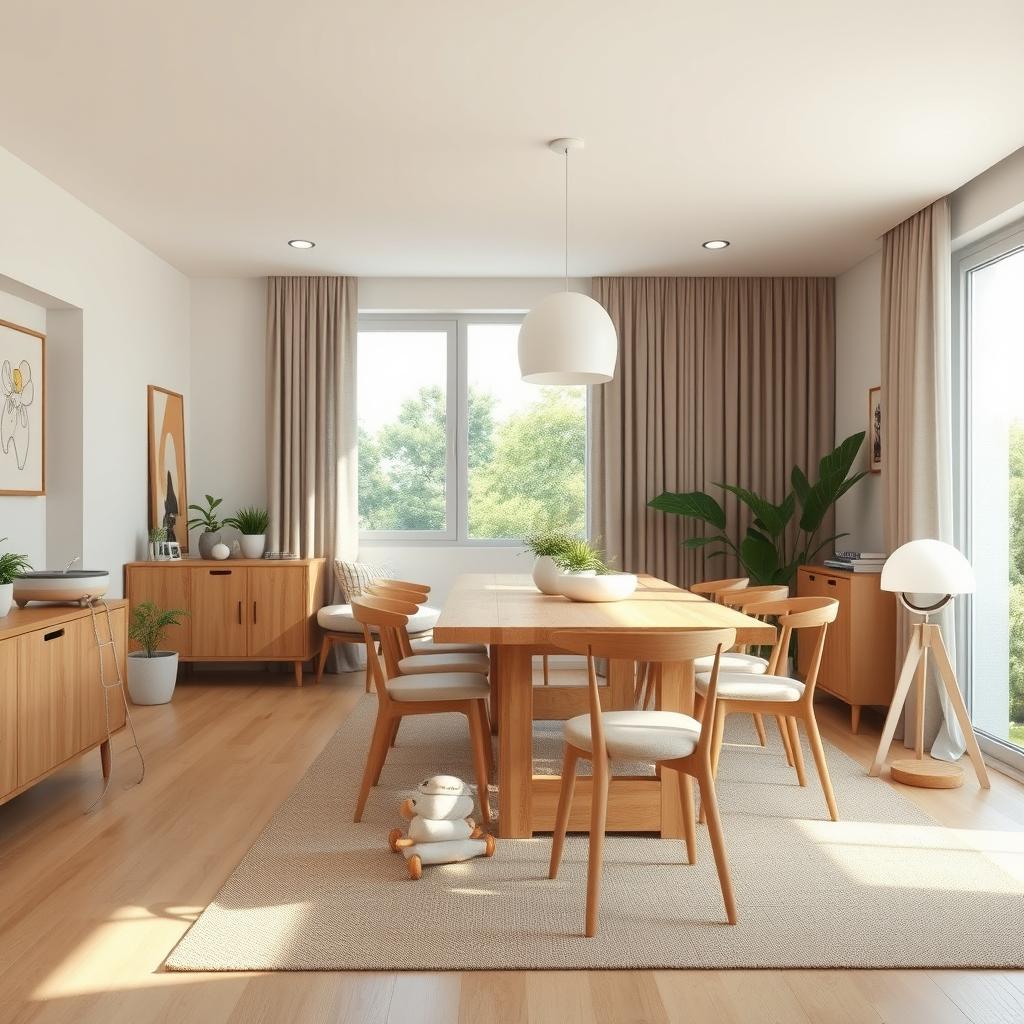 A mood board concept for a modern dining room designed for a young couple with a baby, featuring an open and spacious layout, situated in Boadilla del Monte