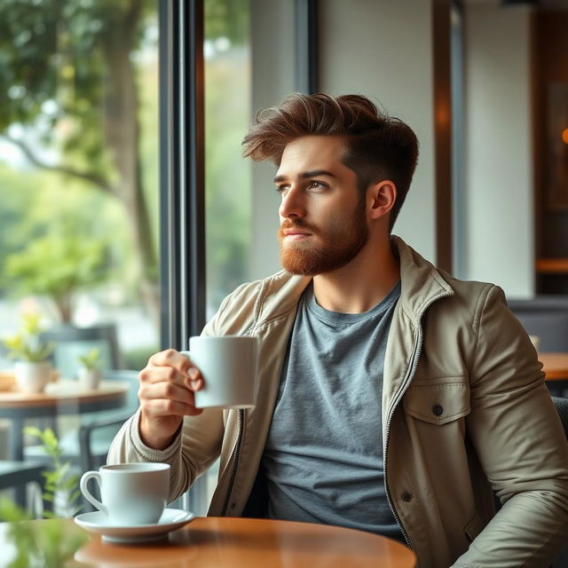 A young man with a well-groomed beard, sitting at a stylish café table, enjoying a warm cup of coffee