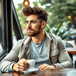 A young man with a well-groomed beard, sitting at a stylish café table, enjoying a warm cup of coffee