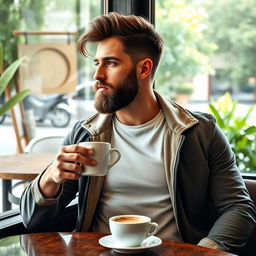 A young man with a well-groomed beard, sitting at a stylish café table, enjoying a warm cup of coffee