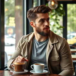 A young man with a well-groomed beard, sitting at a stylish café table, enjoying a warm cup of coffee