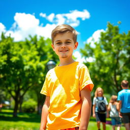 A young boy, just beginning to grow facial hair, stands confidently in a lush green park