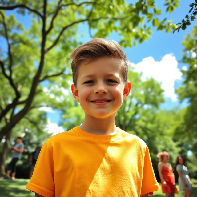 A young boy, just beginning to grow facial hair, stands confidently in a lush green park