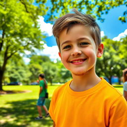 A young boy, just beginning to grow facial hair, stands confidently in a lush green park