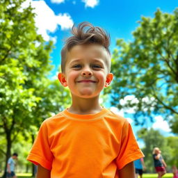 A young boy, just beginning to grow facial hair, stands confidently in a lush green park