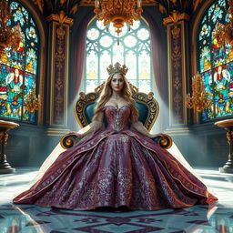 A beautiful princess in an opulent dress adorned with intricate designs and sparkling gems, seated on a majestic throne in a grand palace