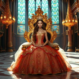 A beautiful princess in an opulent dress adorned with intricate designs and sparkling gems, seated on a majestic throne in a grand palace