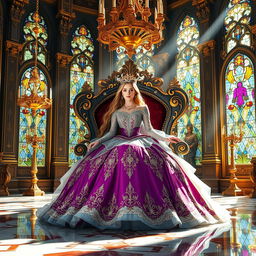 A beautiful princess in an opulent dress adorned with intricate designs and sparkling gems, seated on a majestic throne in a grand palace