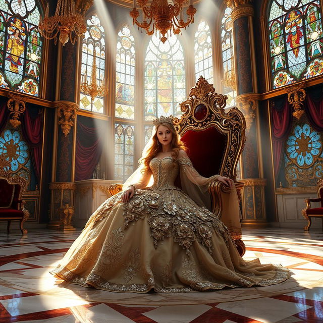 A beautiful princess in an opulent dress adorned with intricate designs and sparkling gems, seated on a majestic throne in a grand palace