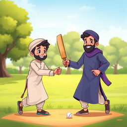 Two Muslim brothers playing cricket in a park, wearing traditional shalwar qameez