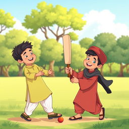 Two Muslim brothers playing cricket in a park, wearing traditional shalwar qameez