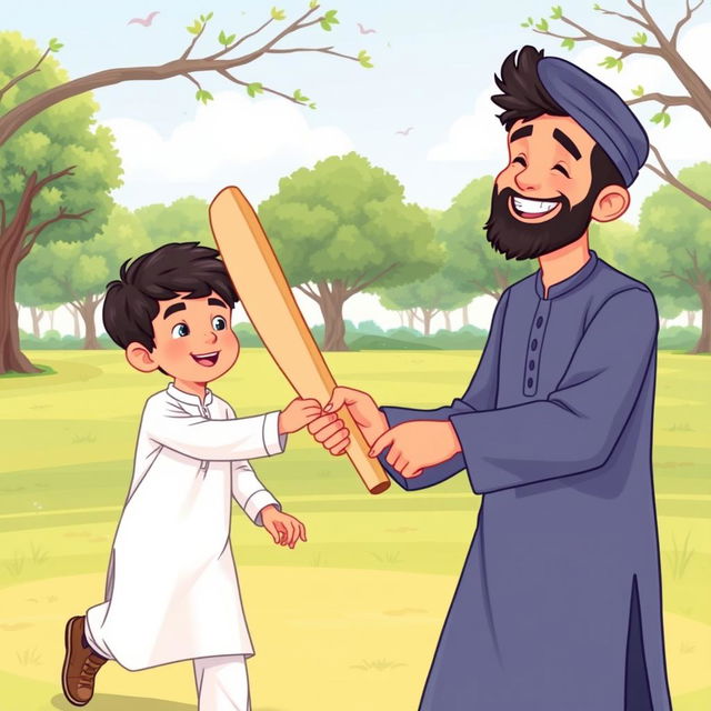 Two Muslim brothers playing cricket in a park, wearing traditional shalwar qameez