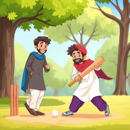 Two Muslim brothers playing cricket in a park, wearing traditional shalwar qameez