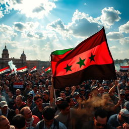 A powerful and evocative image depicting the Syrian revolution, showcasing a crowd of passionate protesters holding the distinctive Syrian independence flag with its bold red, green, and black colors prominently displayed