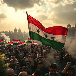 A powerful and evocative image depicting the Syrian revolution, showcasing a crowd of passionate protesters holding the distinctive Syrian independence flag with its bold red, green, and black colors prominently displayed