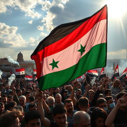 A powerful and evocative image depicting the Syrian revolution, showcasing a crowd of passionate protesters holding the distinctive Syrian independence flag with its bold red, green, and black colors prominently displayed