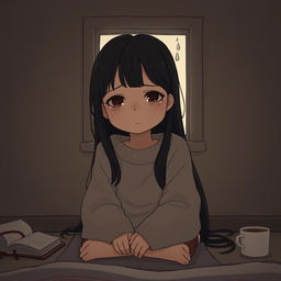 A sad girl sitting alone in a dimly lit room, her expression melancholic and vacant, with tears welling up in her eyes