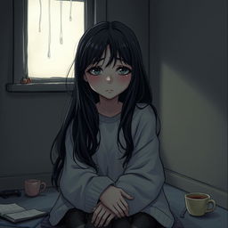 A sad girl sitting alone in a dimly lit room, her expression melancholic and vacant, with tears welling up in her eyes