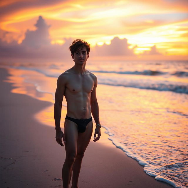 A young man standing confidently on a sandy beach at sunset, completely naked