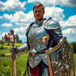 A person wearing a beautifully detailed suit of shining armor, standing boldly in a medieval setting