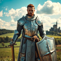 A person wearing a beautifully detailed suit of shining armor, standing boldly in a medieval setting