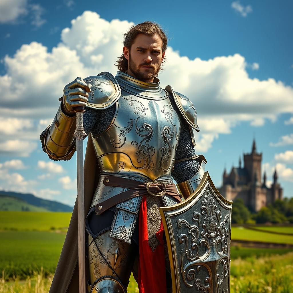 A person wearing a beautifully detailed suit of shining armor, standing boldly in a medieval setting