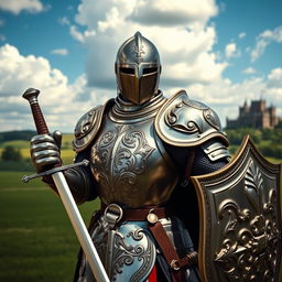 A person wearing a beautifully detailed suit of shining armor, standing boldly in a medieval setting
