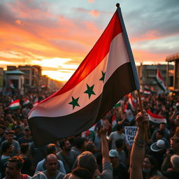 A dramatic scene depicting the Syrian revolution, with passionate protestors holding the Syrian revolution flag prominently displayed in the foreground