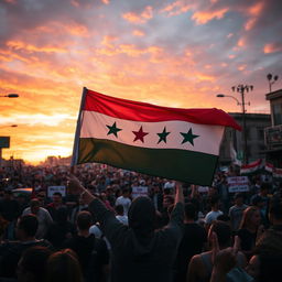 A dramatic scene depicting the Syrian revolution, with passionate protestors holding the Syrian revolution flag prominently displayed in the foreground