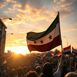 A dramatic scene depicting the Syrian revolution, with passionate protestors holding the Syrian revolution flag prominently displayed in the foreground